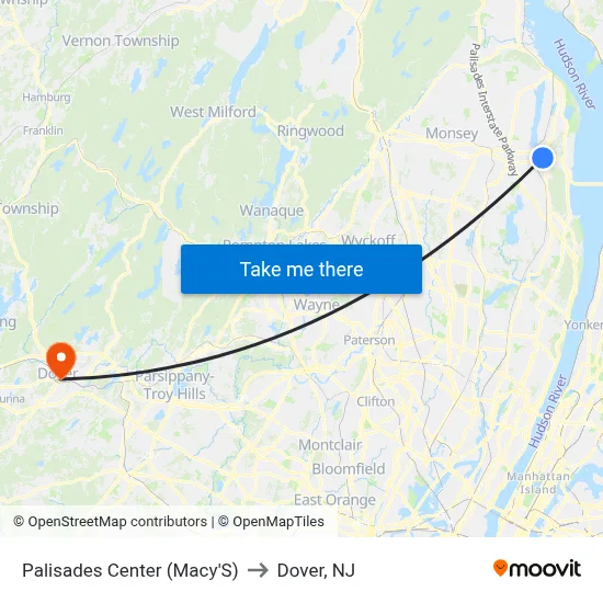 Palisades Center (Macy'S) to Dover, NJ map