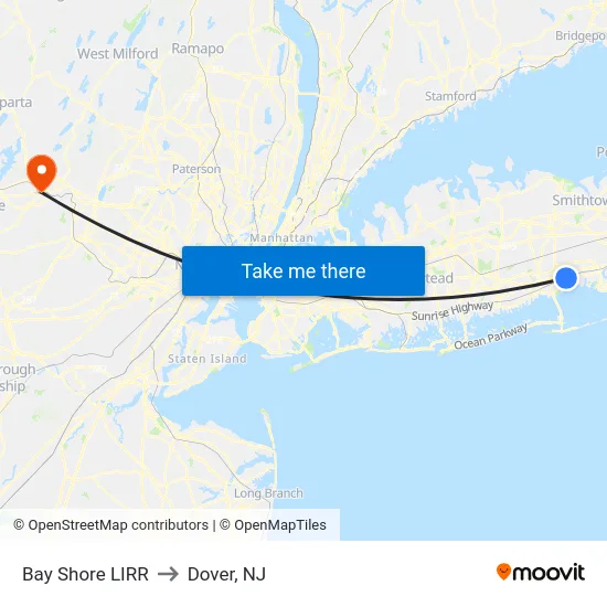 Bay Shore LIRR to Dover, NJ map