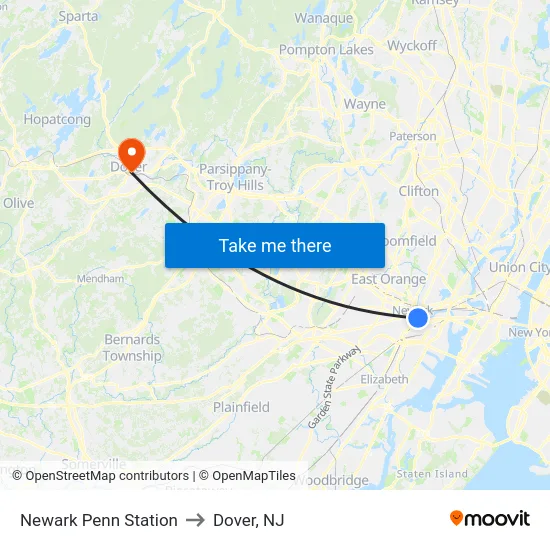 Newark Penn Station to Dover, NJ map