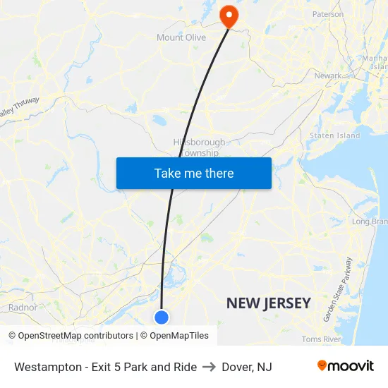 Westampton - Exit 5 Park and Ride to Dover, NJ map