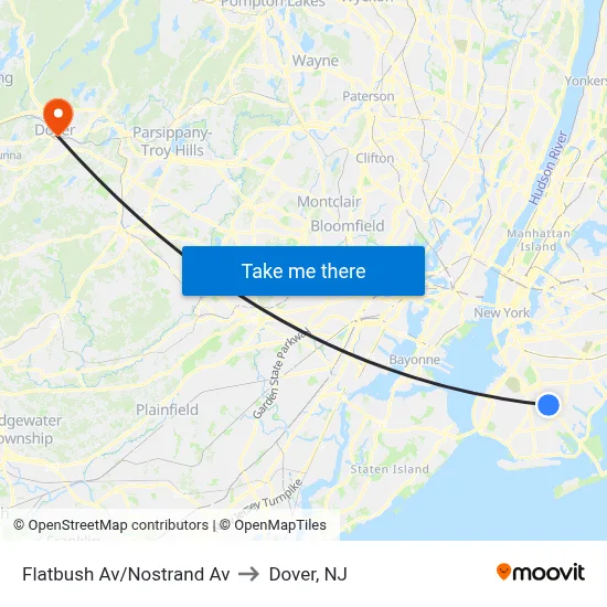 Flatbush Av/Nostrand Av to Dover, NJ map