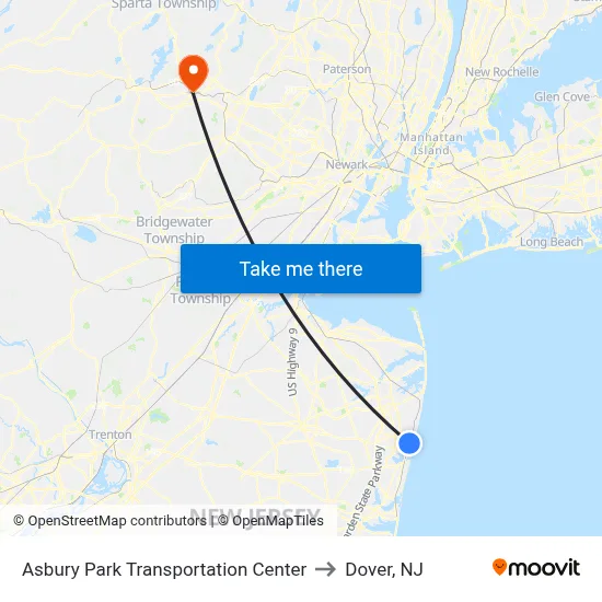 Asbury Park Transportation Center to Dover, NJ map