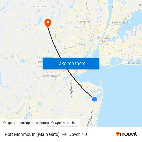 Fort Monmouth (Main Gate) to Dover, NJ map
