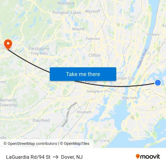 LaGuardia Rd/94 St to Dover, NJ map