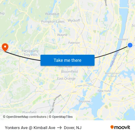 Yonkers Ave @ Kimball Ave to Dover, NJ map
