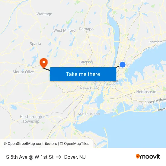 S 5th Ave @ W 1st St to Dover, NJ map