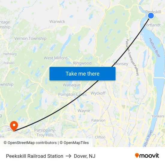 Peekskill Railroad Station to Dover, NJ map