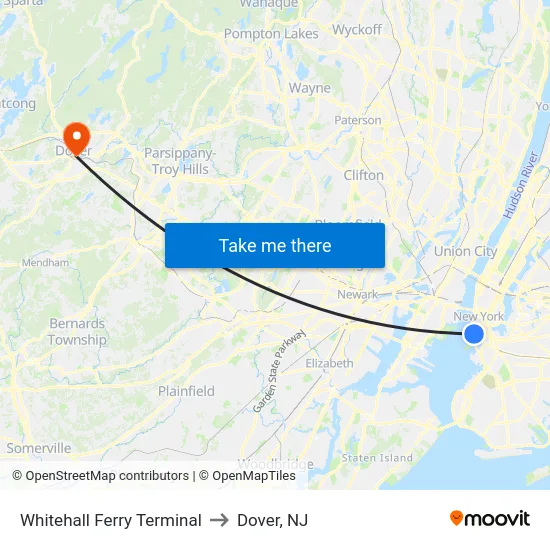 Whitehall Ferry Terminal to Dover, NJ map