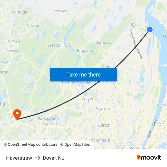 Haverstraw to Dover, NJ map