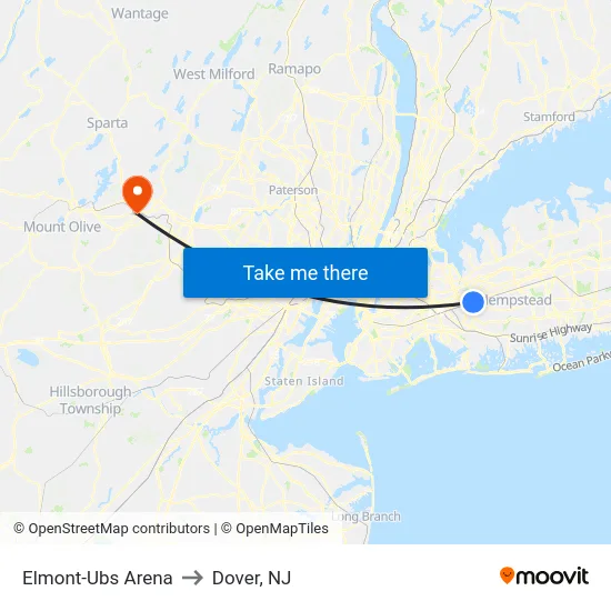 Elmont-Ubs Arena to Dover, NJ map