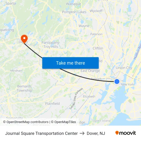 Journal Square Transportation Center to Dover, NJ map