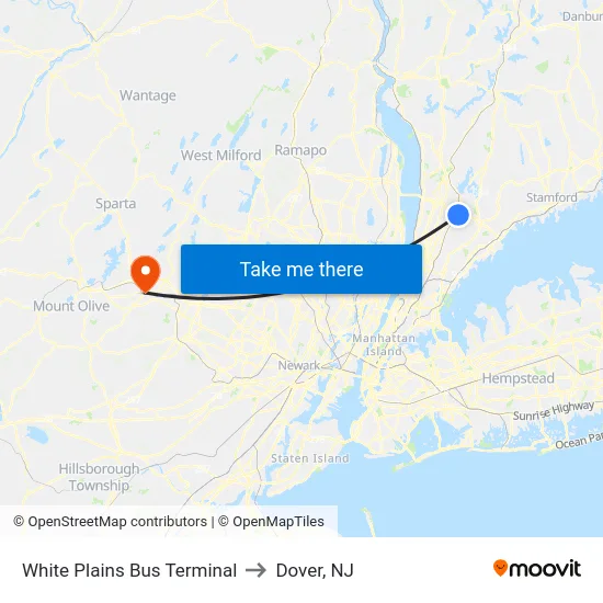 White Plains Bus Terminal to Dover, NJ map