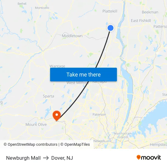 Newburgh Mall to Dover, NJ map