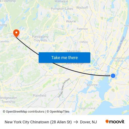New York City Chinatown (28 Allen St) to Dover, NJ map