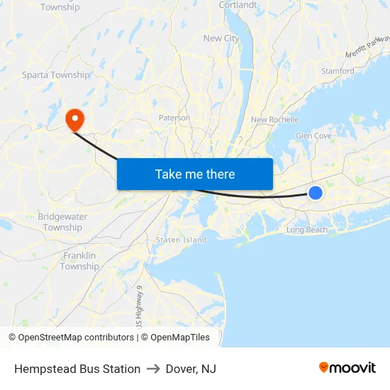 Hempstead Bus Station to Dover, NJ map
