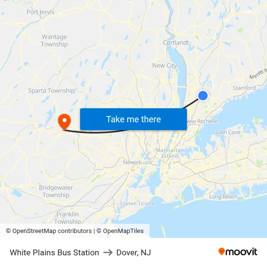 White Plains Bus Station to Dover, NJ map