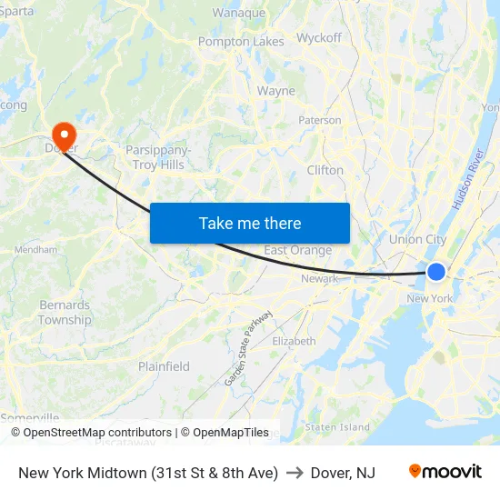 New York Midtown (31st St & 8th Ave) to Dover, NJ map