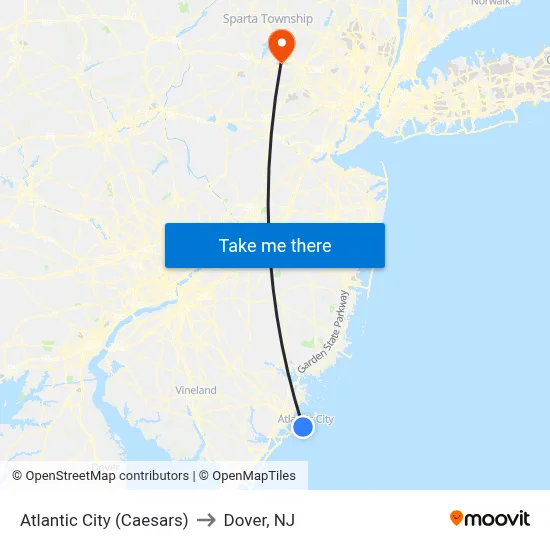 Atlantic City (Caesars) to Dover, NJ map