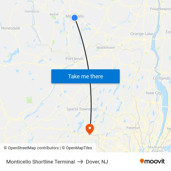 Monticello Shortline Terminal to Dover, NJ map