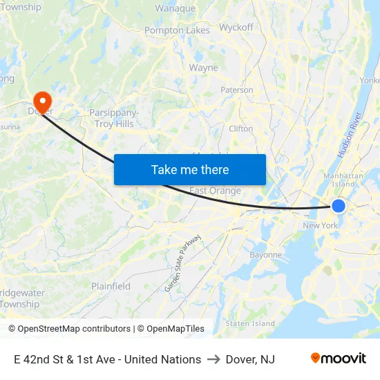 E 42nd St & 1st Ave - United Nations to Dover, NJ map