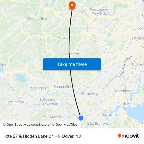Rte 27 & Hidden Lake Dr to Dover, NJ map