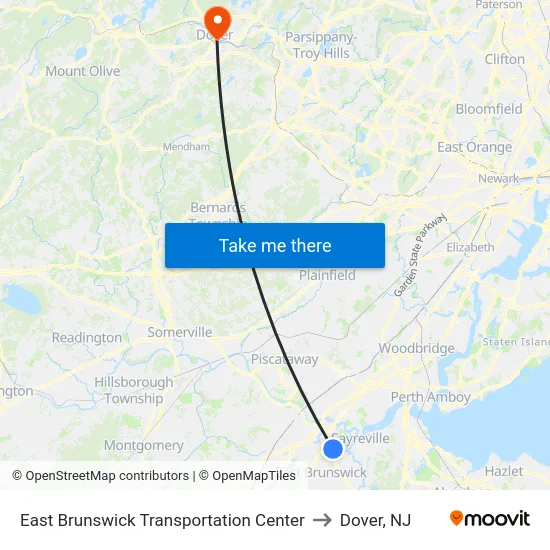 East Brunswick Transportation Center to Dover, NJ map