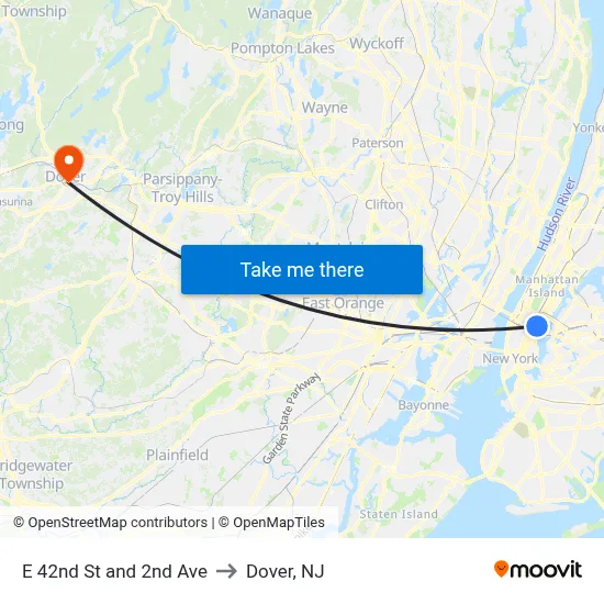 E 42nd St and 2nd Ave to Dover, NJ map
