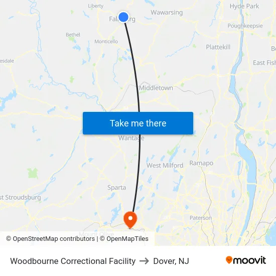 Woodbourne Correctional Facility to Dover, NJ map