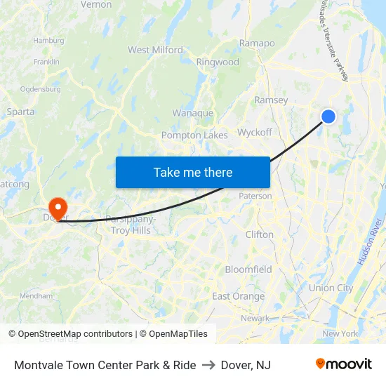 Montvale Town Center Park & Ride to Dover, NJ map