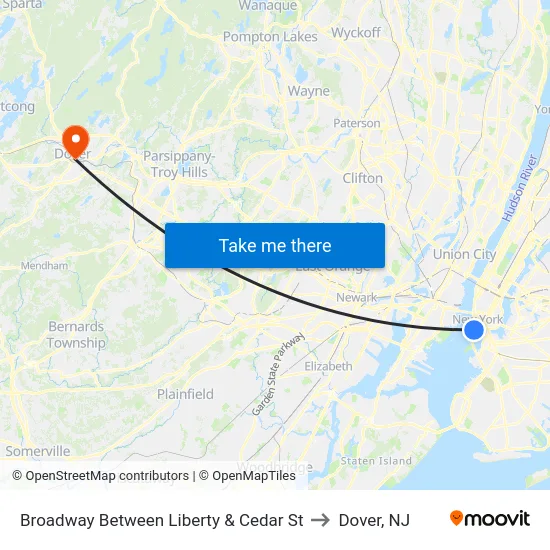 Broadway Between Liberty & Cedar St to Dover, NJ map