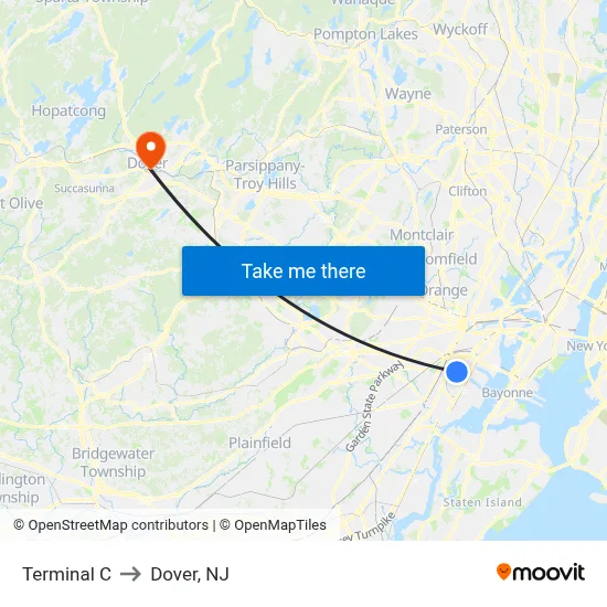Terminal C to Dover, NJ map