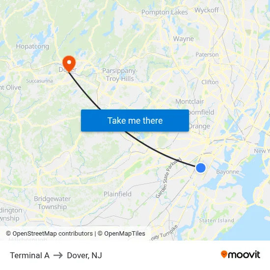 Terminal A to Dover, NJ map