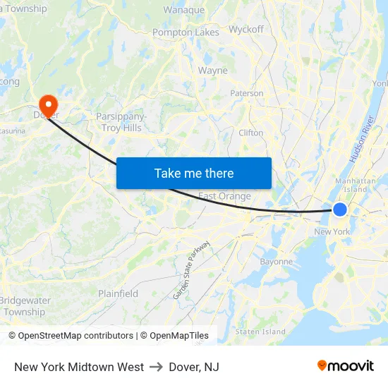 New York Midtown West to Dover, NJ map