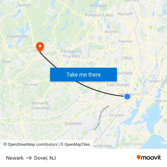 Newark to Dover, NJ map