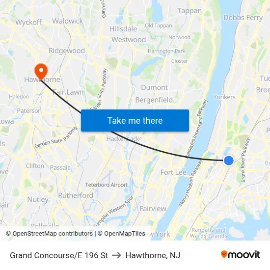 Grand Concourse/E 196 St to Hawthorne, NJ map