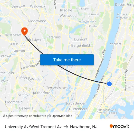 University Av/West Tremont Av to Hawthorne, NJ map