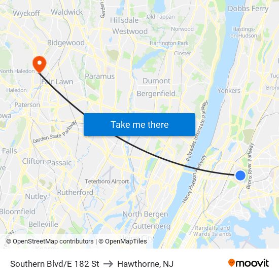 Southern Blvd/E 182 St to Hawthorne, NJ map