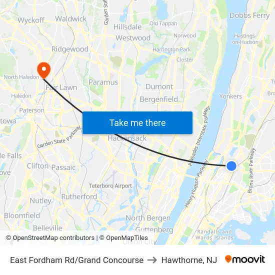 East Fordham Rd/Grand Concourse to Hawthorne, NJ map