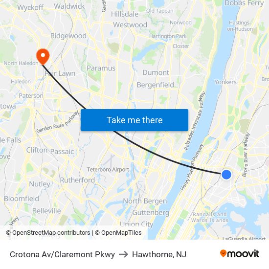 Crotona Av/Claremont Pkwy to Hawthorne, NJ map