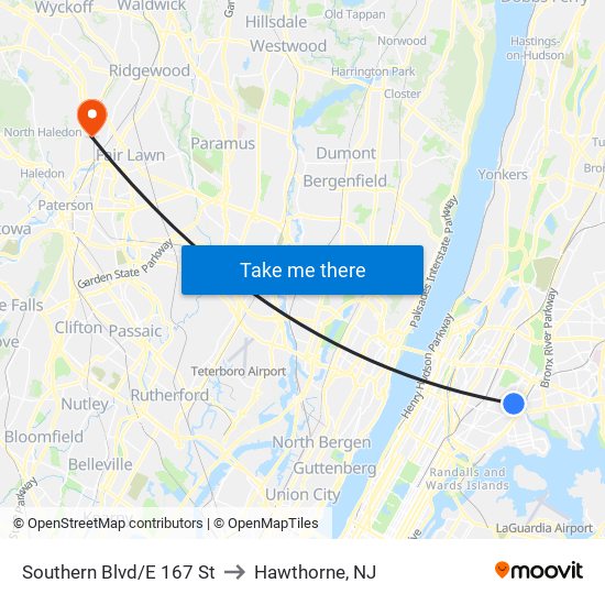 Southern Blvd/E 167 St to Hawthorne, NJ map