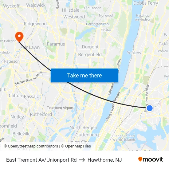 East Tremont Av/Unionport Rd to Hawthorne, NJ map