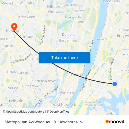 Metropolitan Av/Wood Av to Hawthorne, NJ map