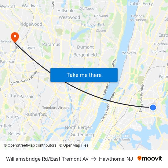 Williamsbridge Rd/East Tremont Av to Hawthorne, NJ map