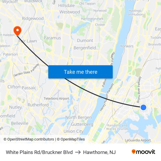 White Plains Rd/Bruckner Blvd to Hawthorne, NJ map