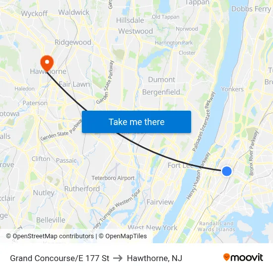 Grand Concourse/E 177 St to Hawthorne, NJ map