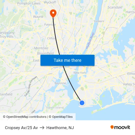 Cropsey Av/25 Av to Hawthorne, NJ map