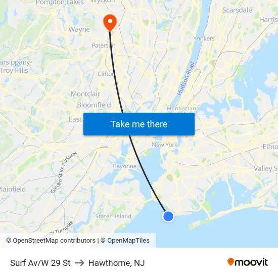 Surf Av/W 29 St to Hawthorne, NJ map