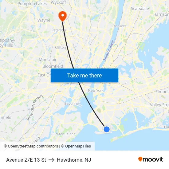Avenue Z/E 13 St to Hawthorne, NJ map