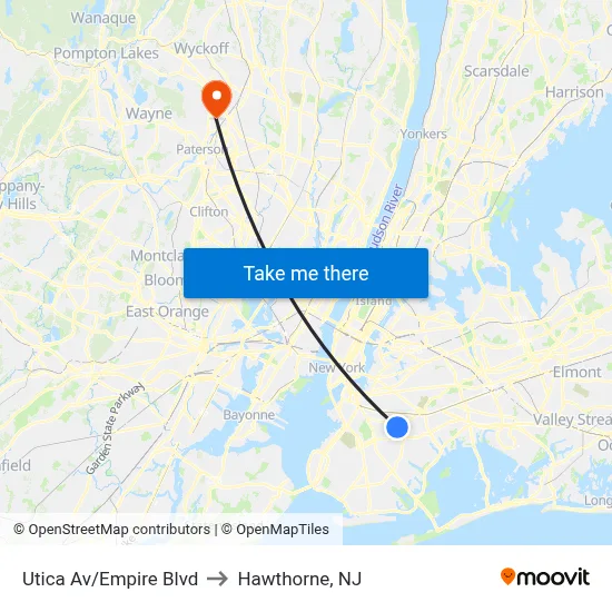 Utica Av/Empire Blvd to Hawthorne, NJ map