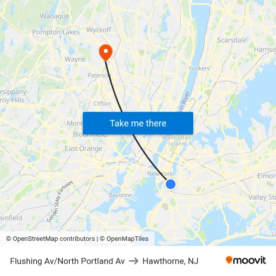 Flushing Av/North Portland Av to Hawthorne, NJ map
